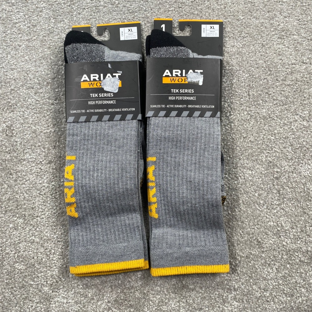 Ariat Crew Socks Unisex XL Gray Tek Series High Performance 2 Pairs 10036519